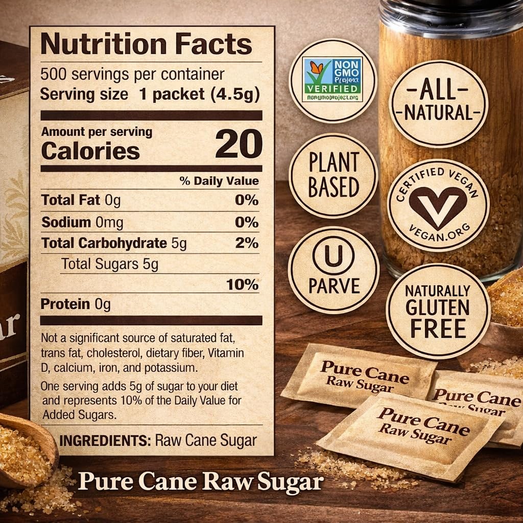 Organic Sugar in The Raw, Raw Sugar Packets, Natural Sweetener, 500 Count Bulk Pack