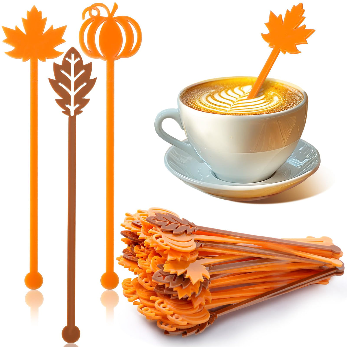50 Pack Fall Coffee Stirrers, 6 Inch Plastic Swizzle Sticks
