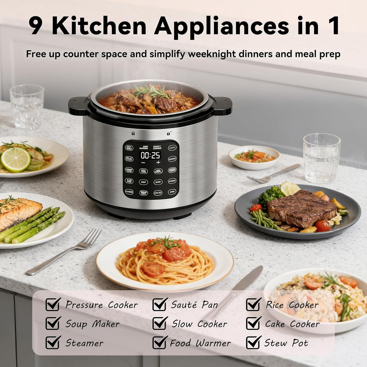 8 Qt Electric Pressure Cooker, 9-in-1 Multi-Cooker 1000W with IMD Touchscreen, Non-Stick Inner Pot, For