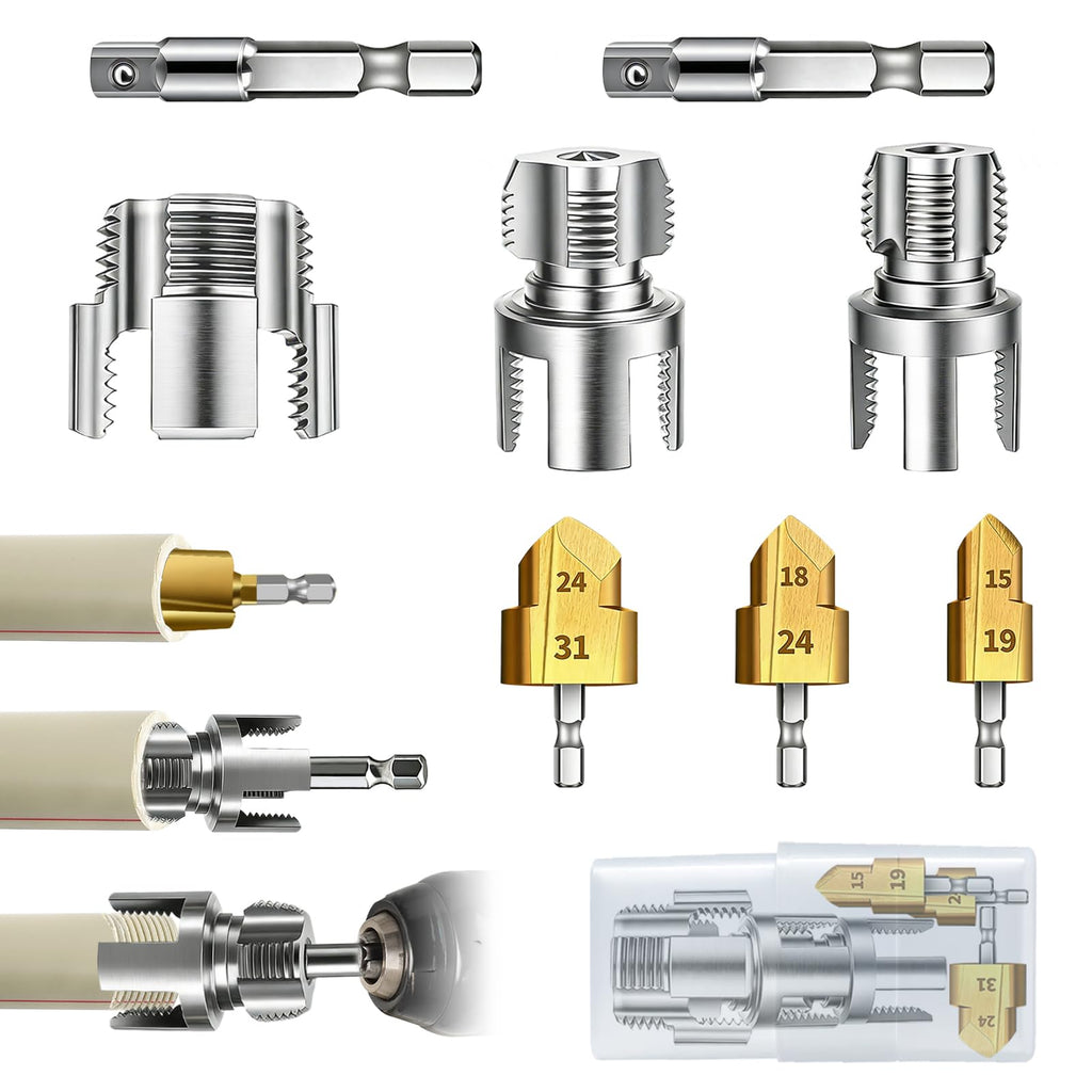 3PCS PVC Pipe Threader Tool Kit-1/2" 3/4" 1" Dual-Function Integrated Internal & External Pipe Threading Tool for Water Pipe,Drill Compatible Threading Tool for Pipe Projects and Home Repairs