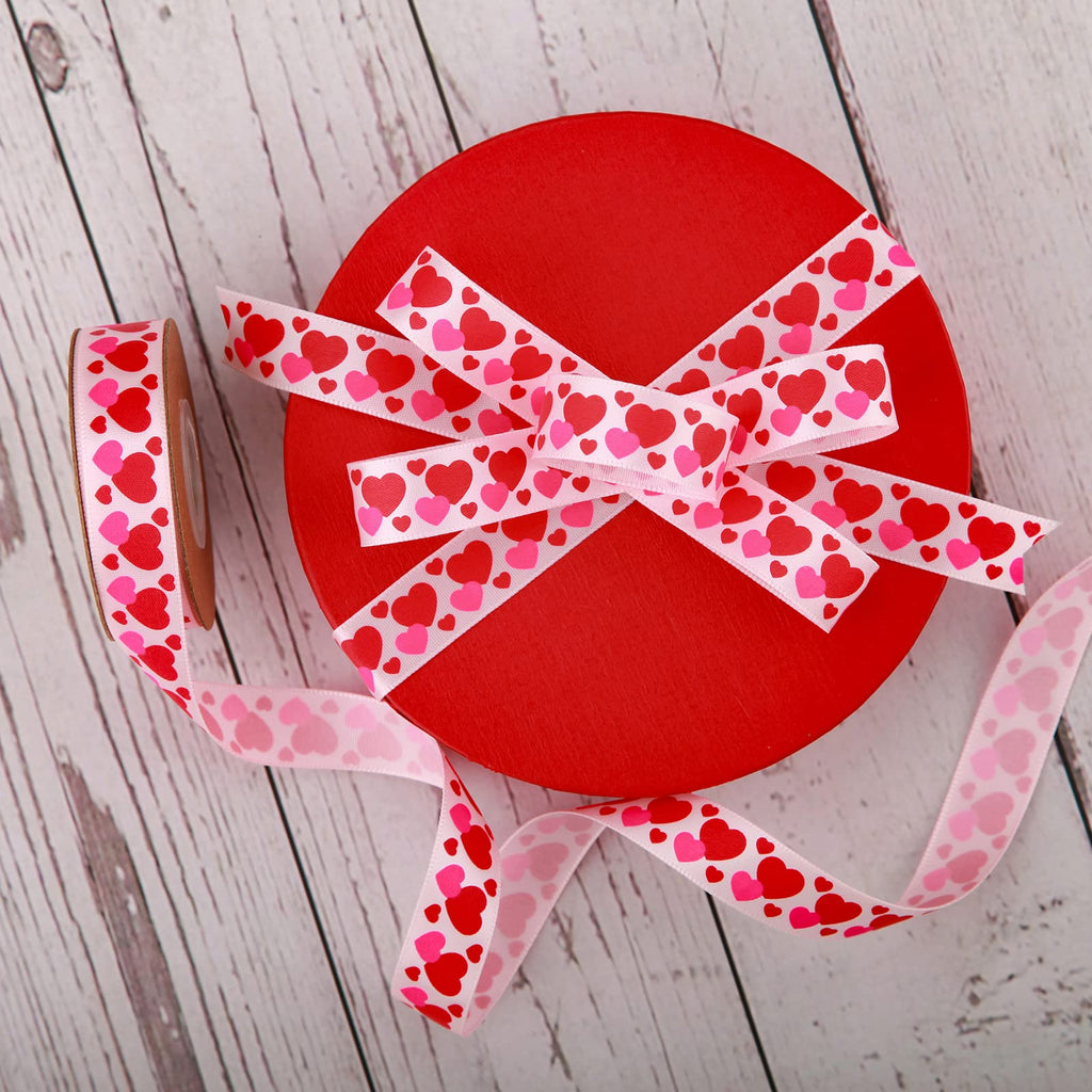 10 Yards 5/8 Inch Valentine's Day Ribbons Pink and Red Heart Satin Ribbon for Wrapping Party DIY Craft Decoration
