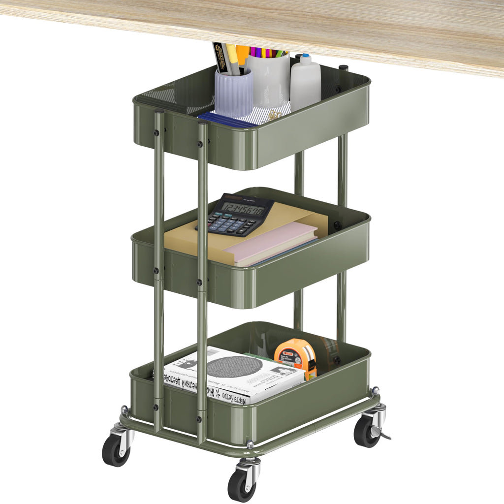 3-Tier Utility Cart, Low 24" Height Fits Under Desk, Green