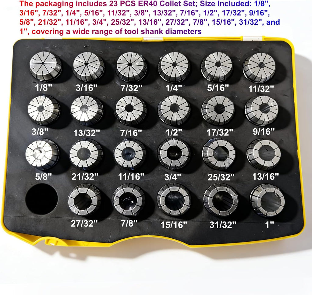 ER40 Collet Set 23 PCS, 1/8"-1" Precision Spring Collets