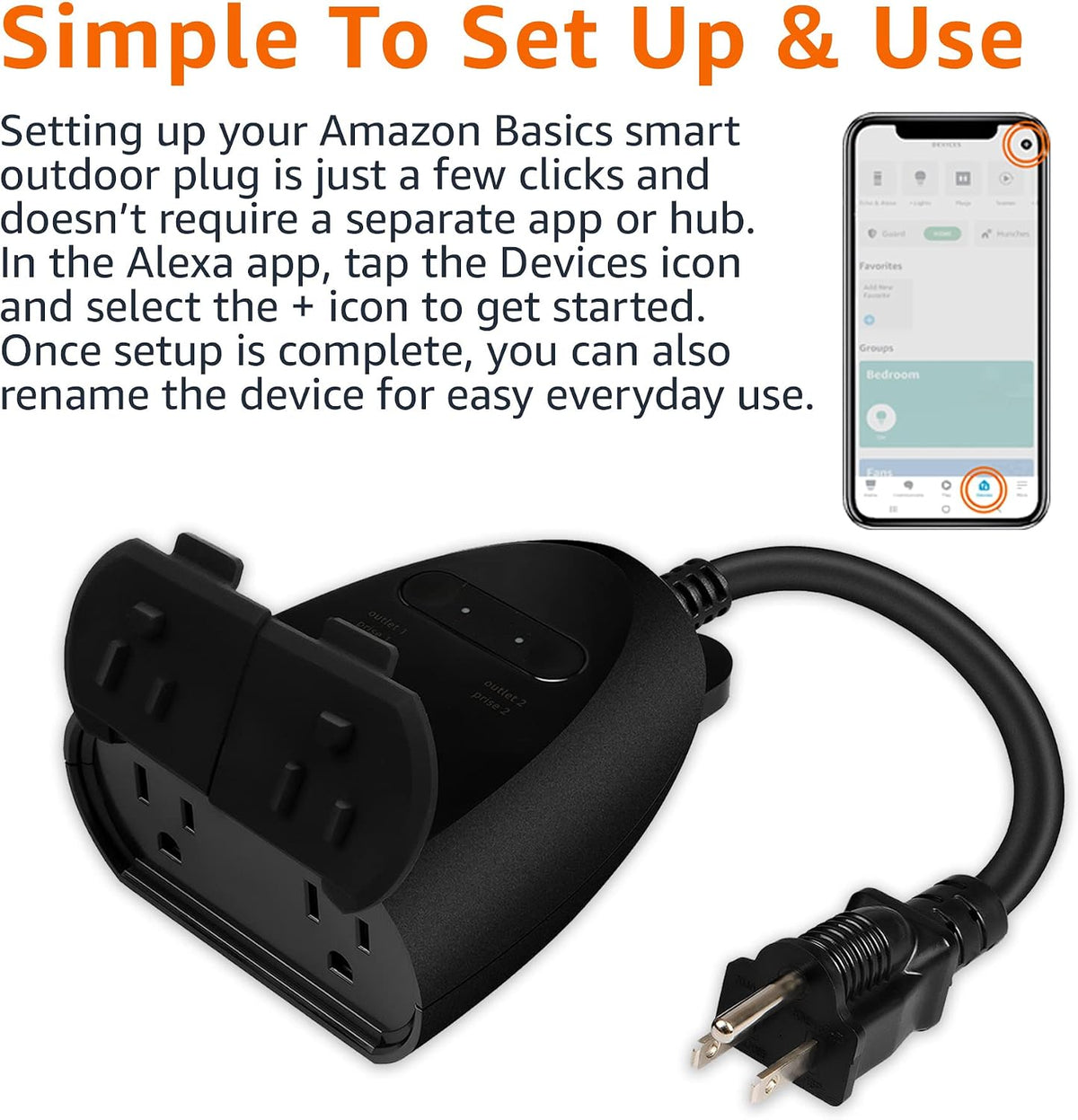Outdoor Smart Plug with 2 Individually Controlled Outlets, Works with Alexa Only, Voice Control, Weather Resistant