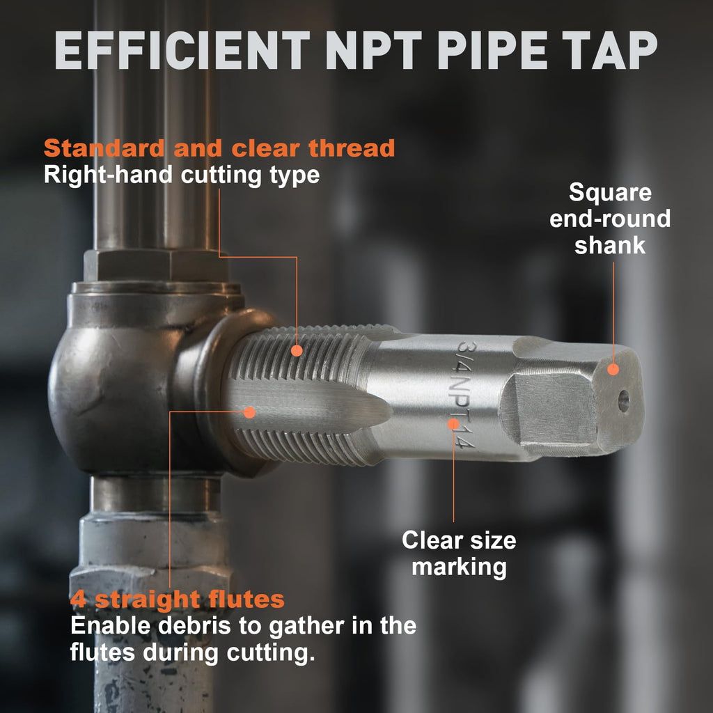 6-Piece NPT Pipe Tap Set, 1", 3/4", 1/2", 3/8", 1/4", 1/8" Taps Threading Tool, Precision Bearing Steel Tap Set Metric and Standard for Clean and Re-Thread Damaged or Jam Pipe Threads in Storage Case