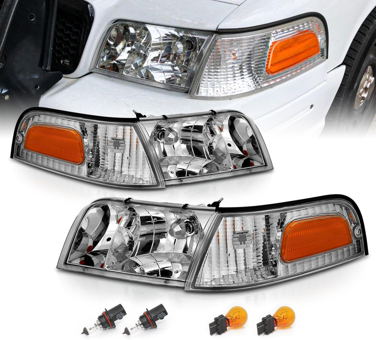AmeriLite for 1998-2011 Ford Crown Victoria P71 Police Interceptor OE Replacement Headlights Corner Set w/Bulbs - Driver and Passenger Side