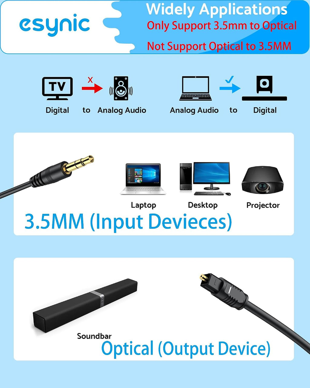 Professional 7 ft Long 3.5mm to Toslink Optical Audio Adapter | With ADC Analog to Digital Audio Chip-Plug & Play-For