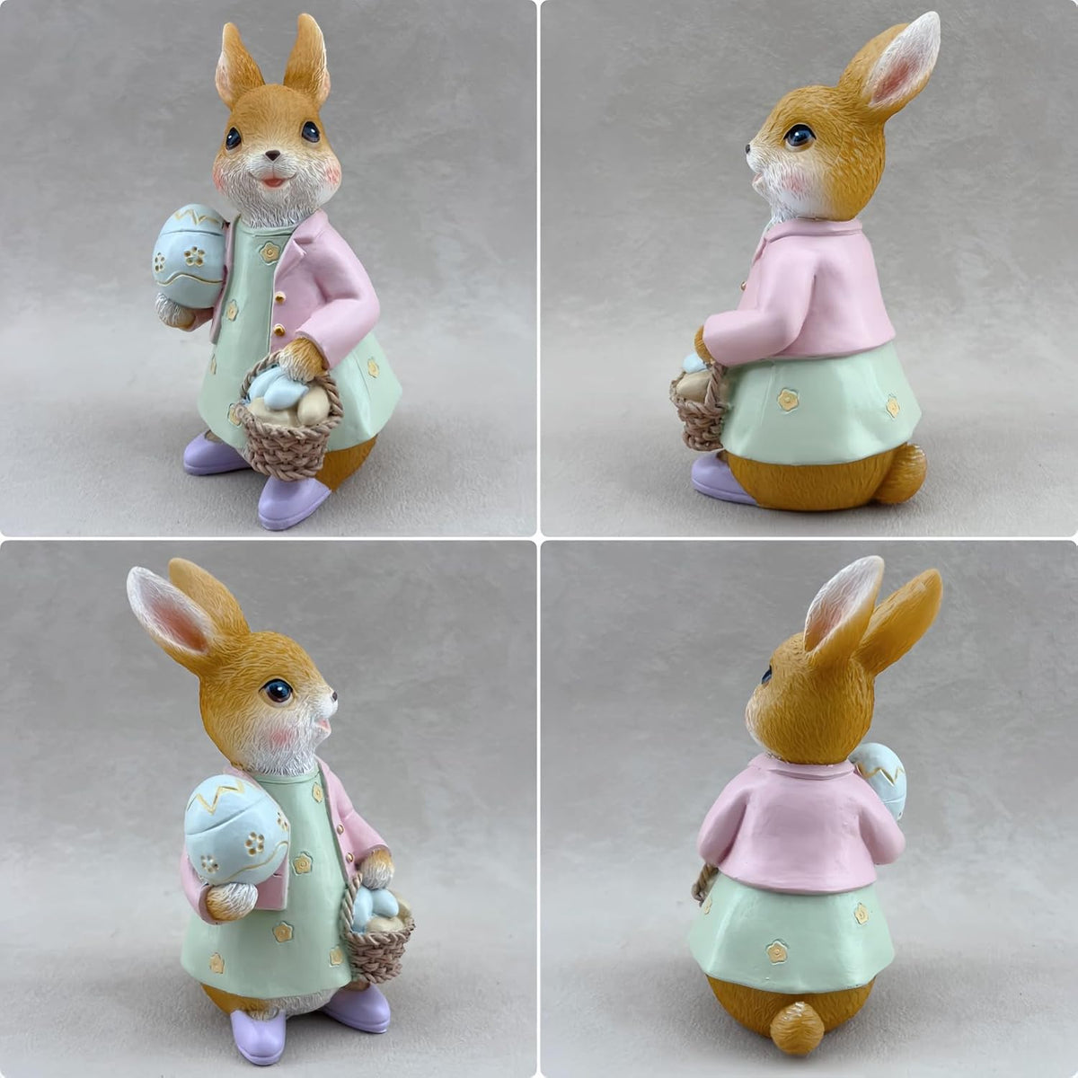 Easter Bunny Statue Egg Basket Rabbit Figurine Tabletop Spring Home Decor | Fine textured fur carving Hand-painted