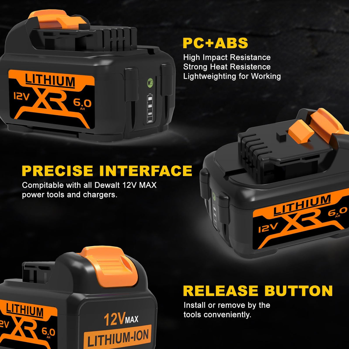 2-Pack 6.0Ah 12V Battery Replacement for Dewalt 12V Max, Professional Power for Auto Repair & Construction