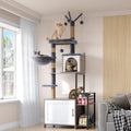 Cat Tree with Food Station and Litter Box Enclosure, Multi-Level Cat Tree Tower with Sisal Scratch Posts for