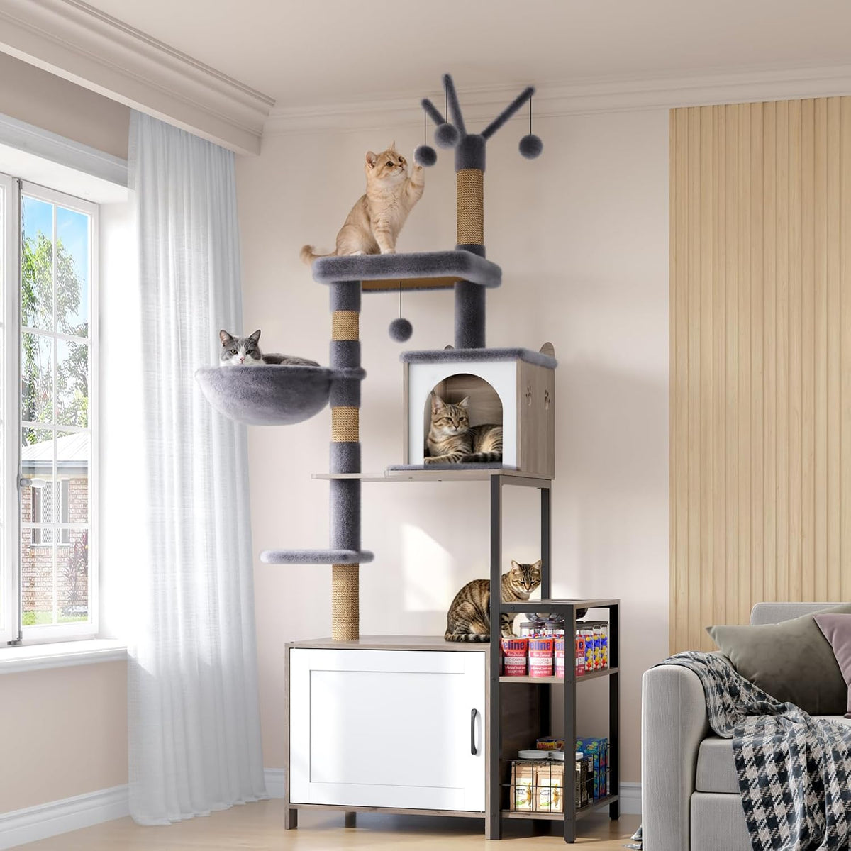 Cat Tree with Food Station and Litter Box Enclosure, Multi-Level Cat Tree Tower with Sisal Scratch Posts for