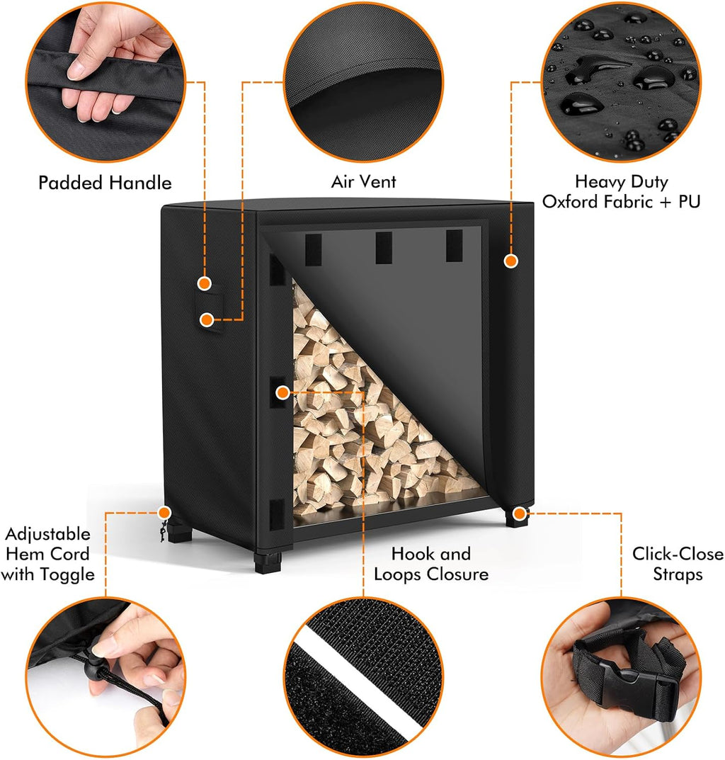 Outdoor Firewood Rack Cover 4 feet, Log Rack Cover Waterproof, Wood Cover for Log Holder, 48" W x 24" D x 41" H, Black