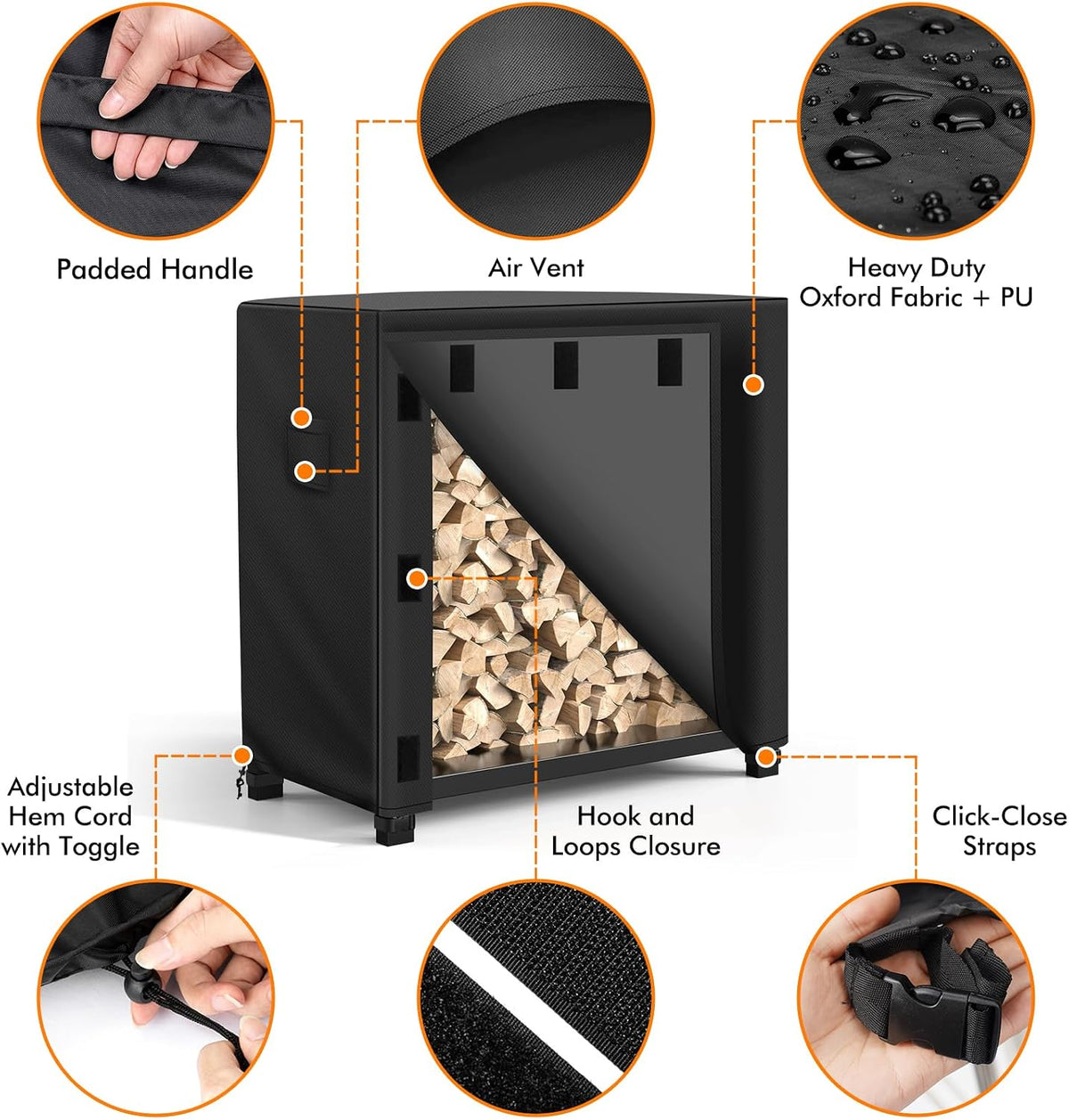 Outdoor Firewood Rack Cover 4 feet, Log Rack Cover Waterproof, Wood Cover for Log Holder, 48" W x 24" D x 41" H, Black