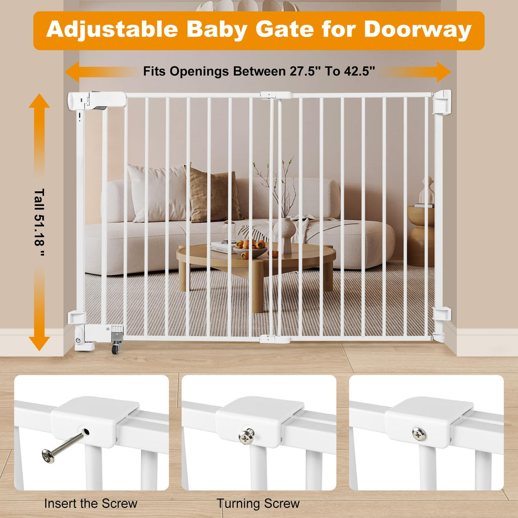 51.18" Tall Extra-Tall Adjustable Hardware/Pressure-Mounted Pet & Child Safety Gate with Dual-Lock Walk-Through Swing Door for Stairs, Hallways & Wide Doorways