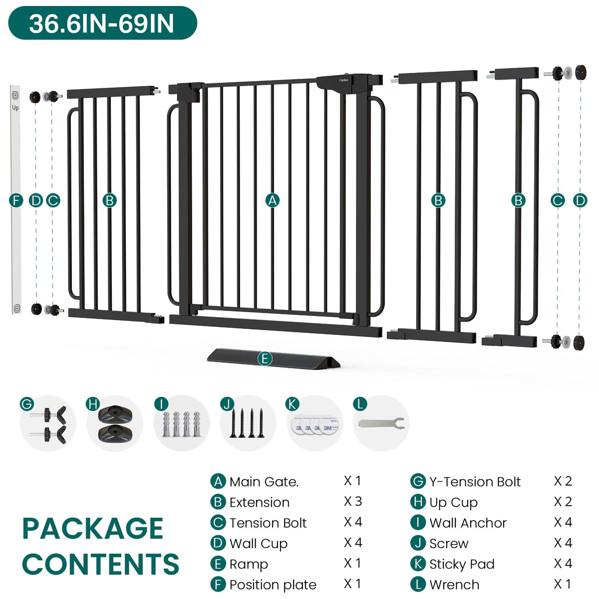 36.6-69" Extra-Wide Adjustable Hardware/Pressure-Mounted Pet & Child Safety Gate with Dual-Lock Walk-Through Swing Door for Stairs, Hallways & Wide Doorways — Black