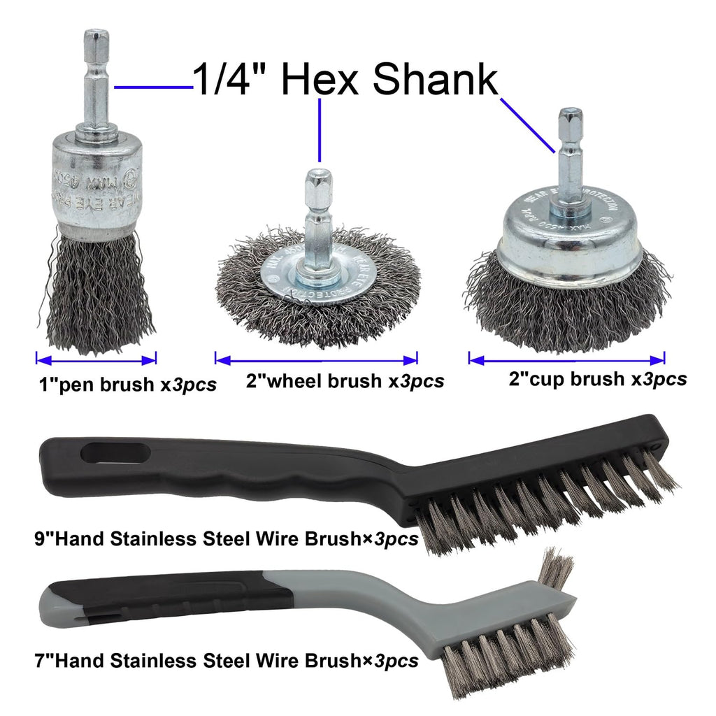 VASTOOLS 15pcs Wire Brushes Set, Carbon Steel Cup/Wheel/Pen Brushes for 1/4" Hex Shank Drill Attachments,Stainless Steel Hand Brushes,for Rust Removal,Paint Stripping and Cleaning