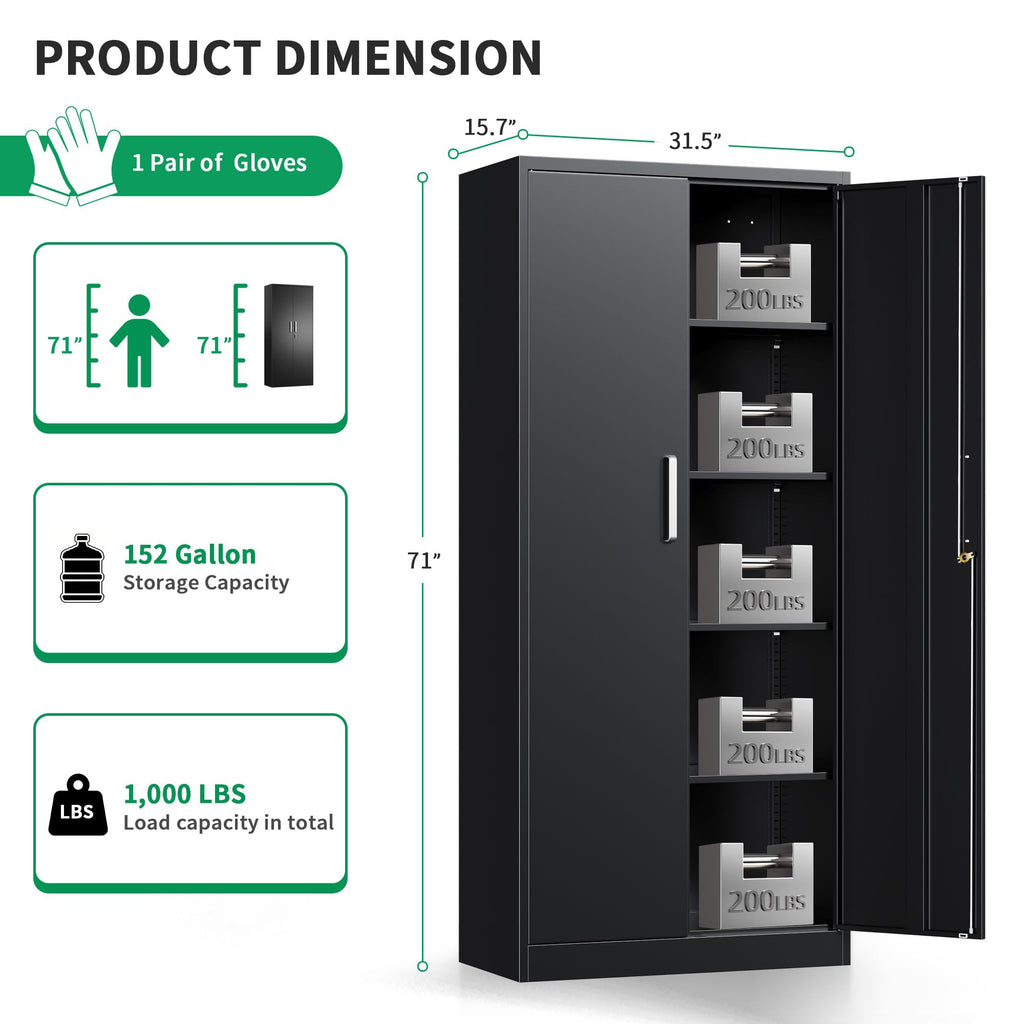 Metal Storage Cabinet with Locking Doors, 71" Tall Steel Locker Organizer with Adjustable Shelves, Garage Utility