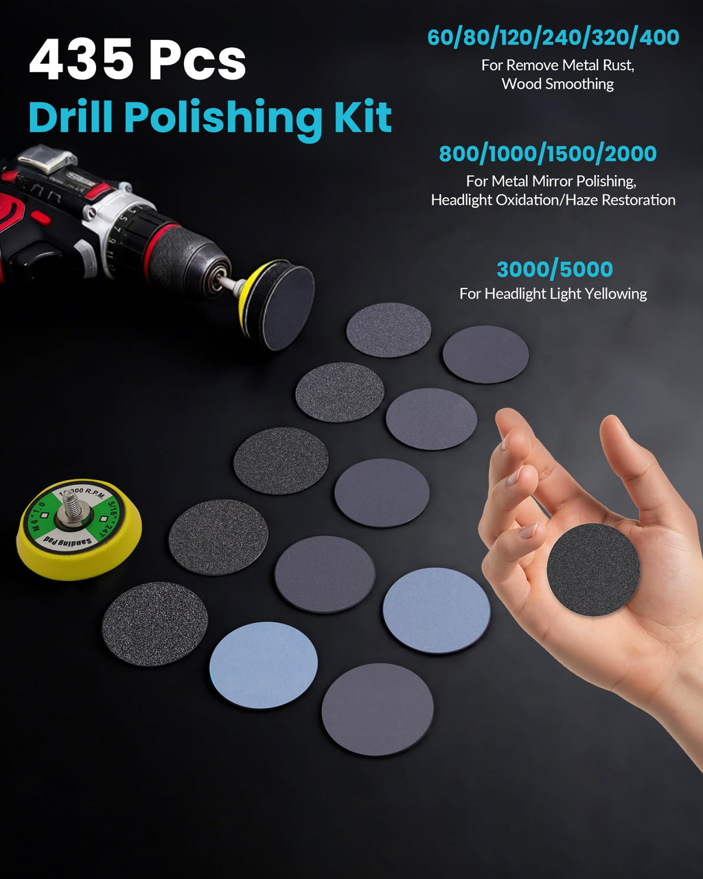 435PCS 2 Inch Wet Dry Sanding Discs for Drill Sanding Attachment