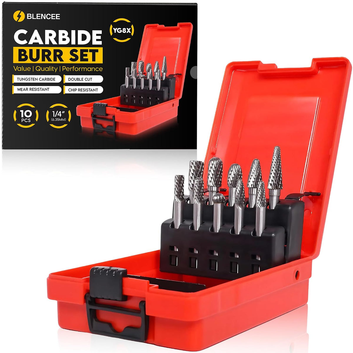 10Pcs Tungsten Carbide Burr Set 6.35mm - 1/4" Shank Double Cut Die Grinder Bits Cutting Burrs - Metal, Steel - Rotary Tools Rasp Accessories - Deburring, Engraving, Grinding, Carving, Porting