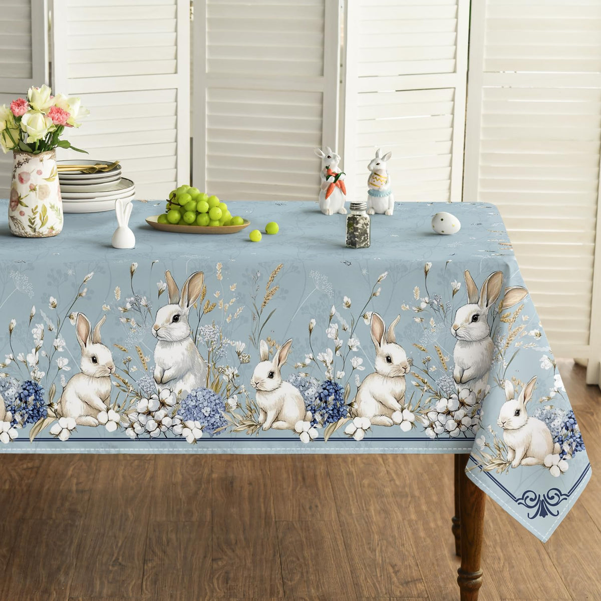 Easter Tablecloth 60 x 84 Inch Rectangular Blue Easter Bunny