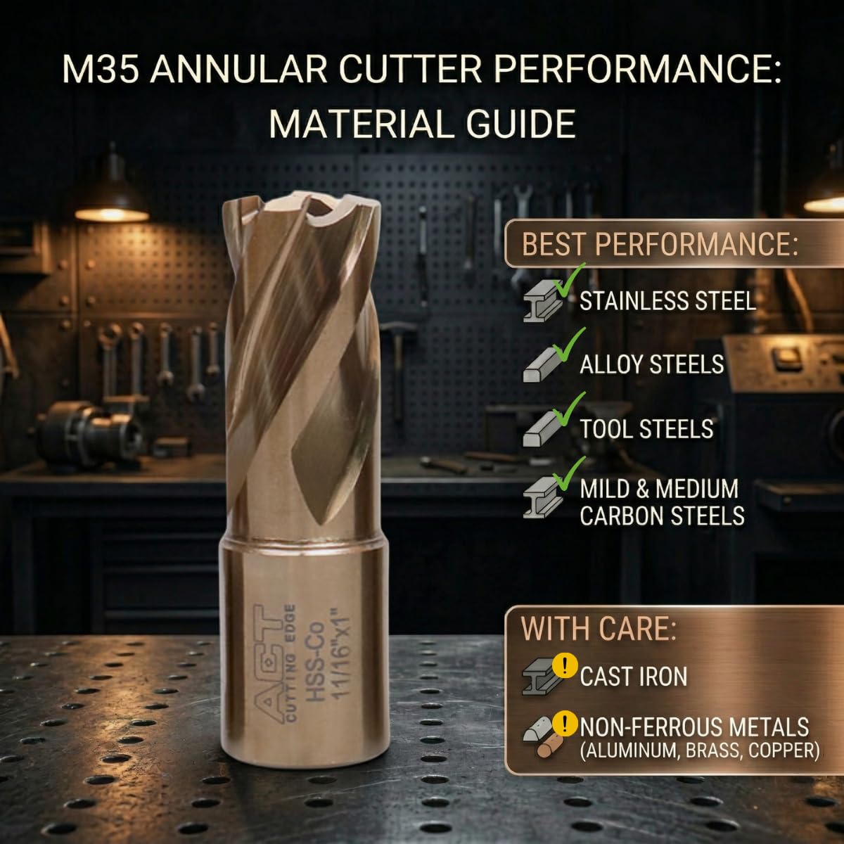 Accusize Industrial Tools 9/16" to 15/16", 7 Pc M35(H.S.S. Plus 5% Cobalt) Annular Cutter Set, 3/4'' Weldon Shank, 1'' Cutting, a Pilot, AC01-1000