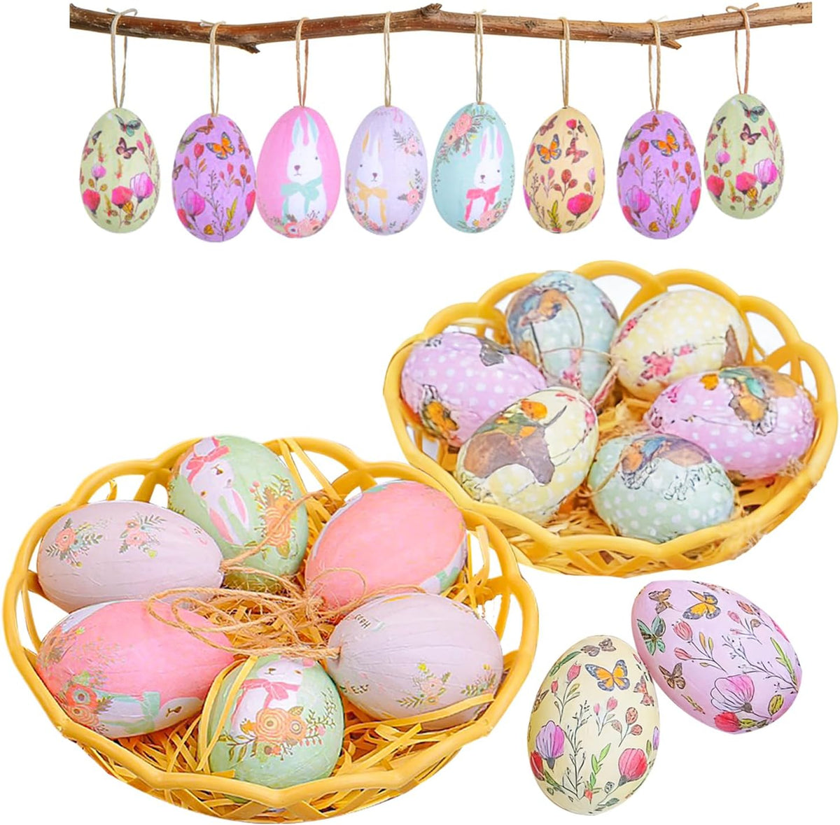 12Pcs Vintage Easter Eggs with Basket Base, Easter Decorations, Spring Ornaments, Pastel Spring Decorative Eggs for