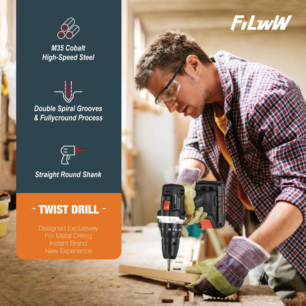 FiLwW 10Pcs 1/4" Cobalt Drill Bit Set, M35 High Speed Steel Jobber Length Drill Bit Kit for Hardened Metal, Stainless Steel, Cast Iron, Wood and Plastic