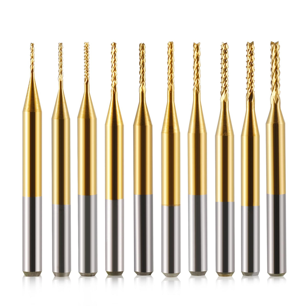 End Mill Sets, 10Pcs Titanium Coat, 1/8" Shank 0.6-1.5mm Micro Engraving Bits CNC Router Bits for Rotary Tools