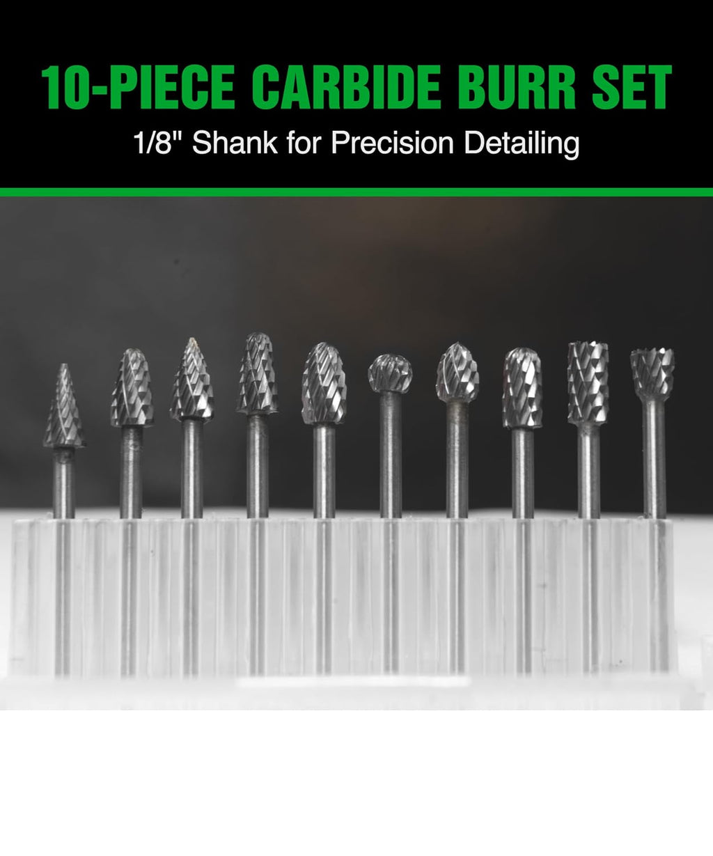 1/8 In Carbide Burr Set 10-Pc Double Cut Die Grinder Bits for Metal