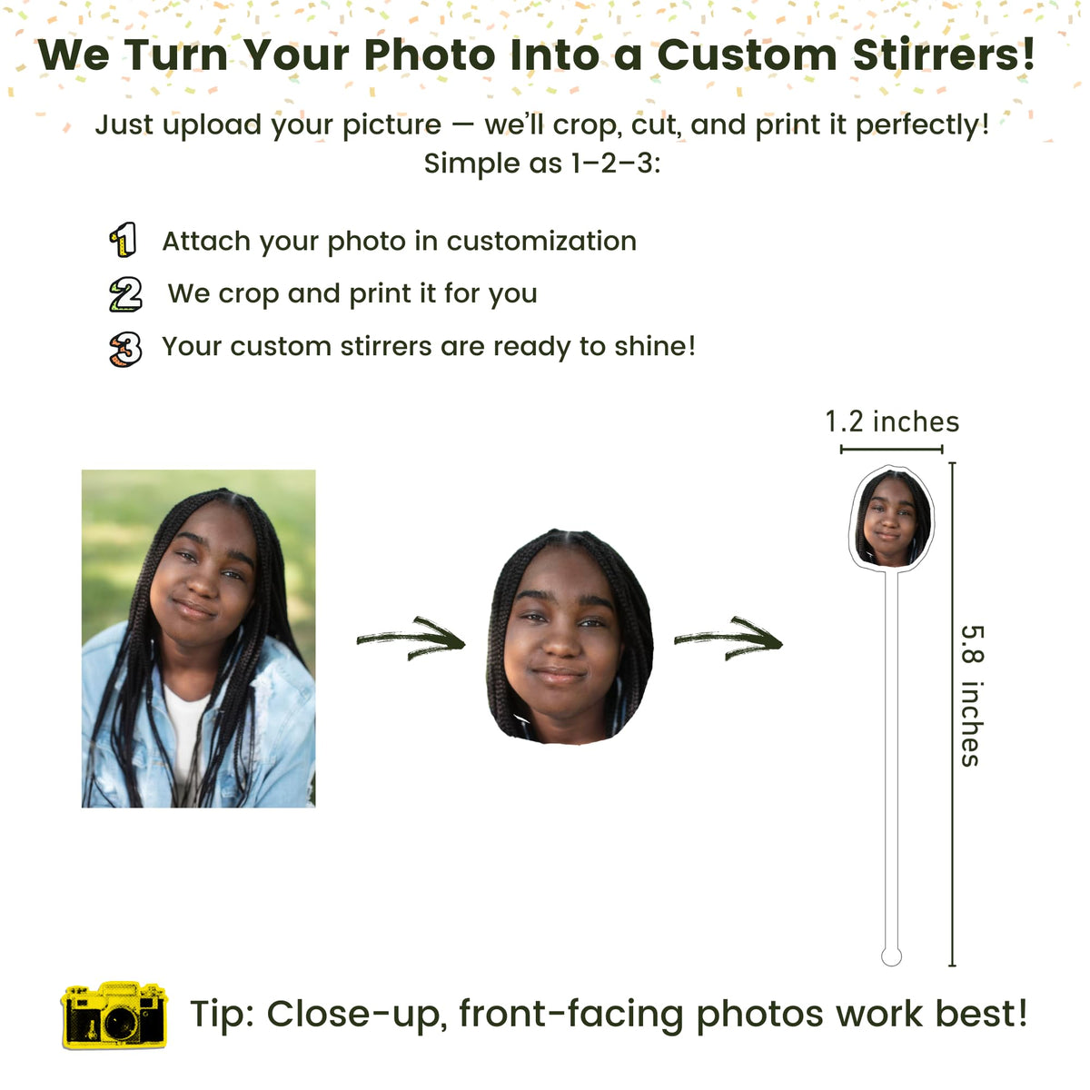 Custom Photo Face Stir Sticks Pack 5-500pcs, Personalized Acrylic Drink Stirrers with Your Photo, Dog, Cat, Logo or