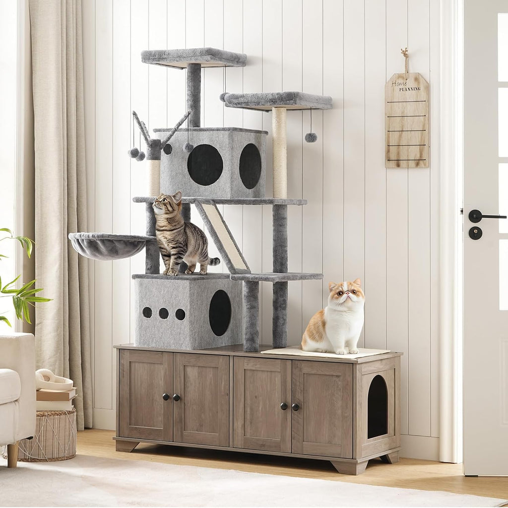 Double Litter Box Enclosure with Cat Tree, 45.3" L x 17.7" W x 68.9" H All-in-One Modern Cat Tower with Bed, Hidden