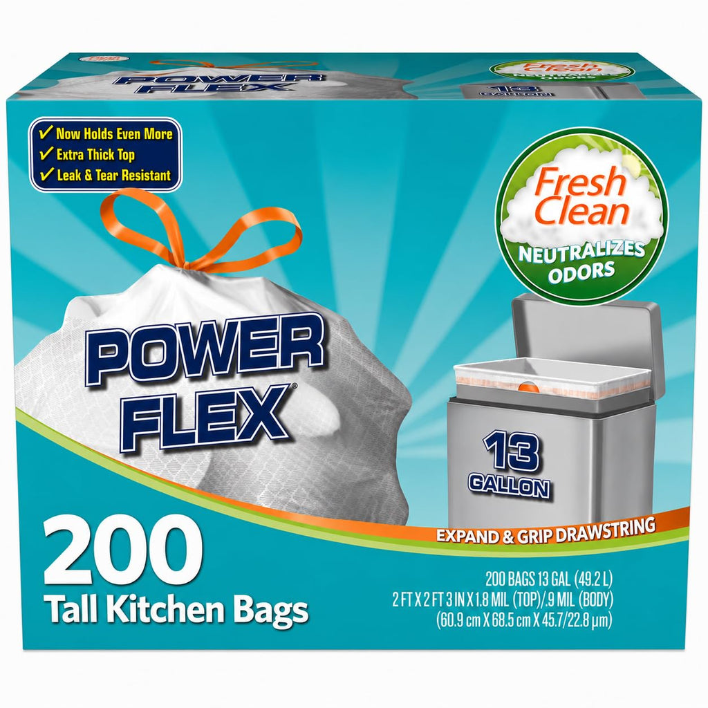Member Mark Power Flex 13-Gallon Tall Kitchen Trash Bags, Fresh Scent, 200 ct.