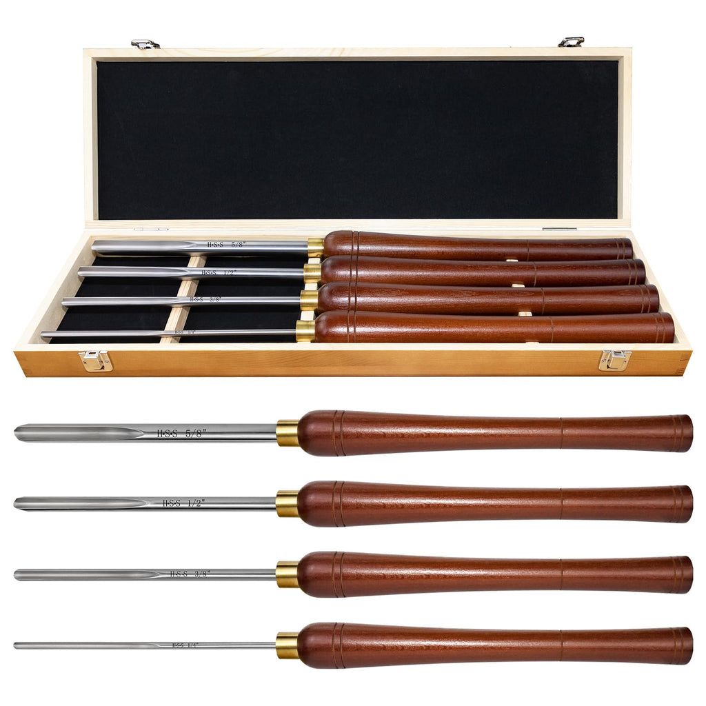 SIIIXS 4Pcs HSS Bowl Gouge Set, Wood Lathe Turning Chisels with Wooden Box