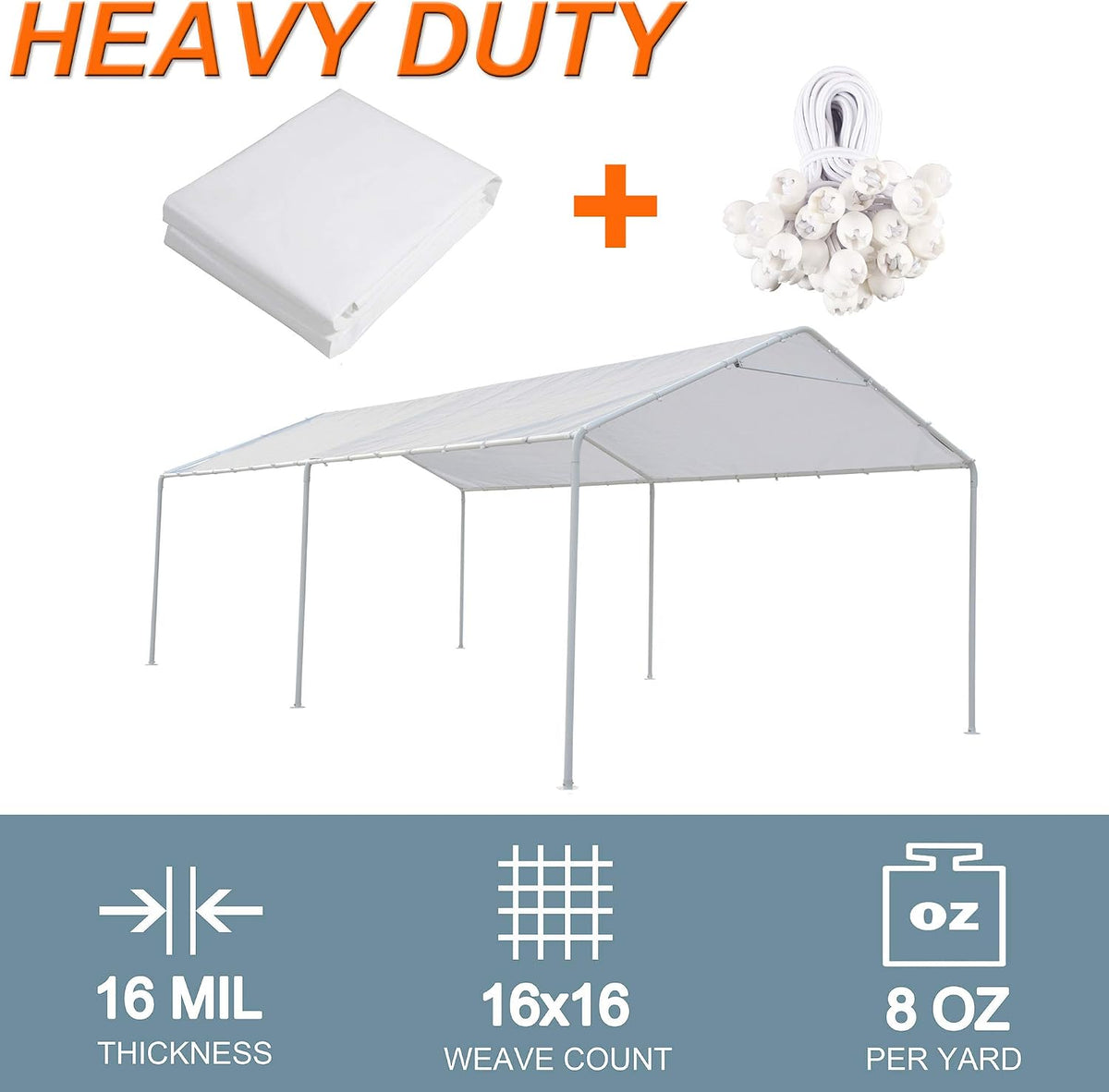 10 x 20 Ft Carport Replacement Canopy Cover Garage Top Tent Shelter Tarp with Free 44 Ball Bungee Cords,White(Only