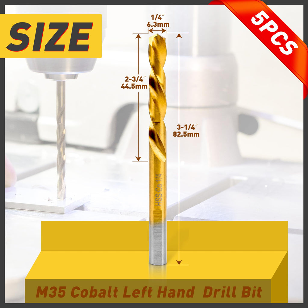 5PCS 1/4" M35 Cobalt Left Hand Drill Bits Set
