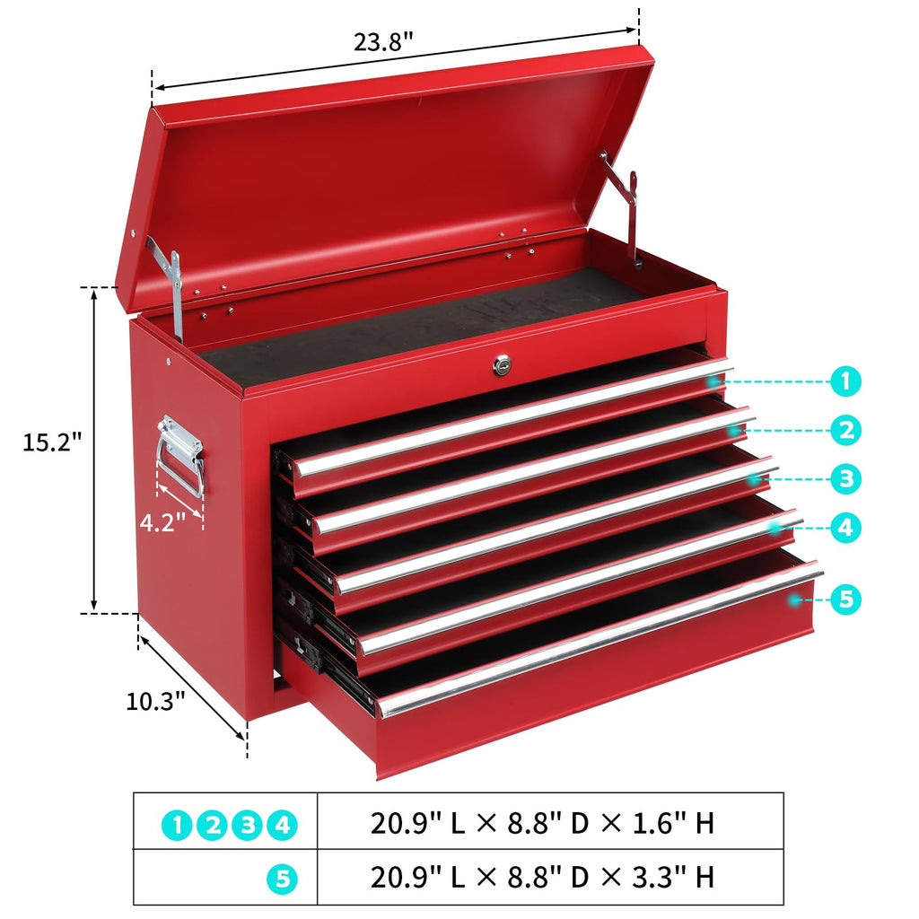 24" Metal Portable Tool Box with 5 Drawers, Lockable, Red