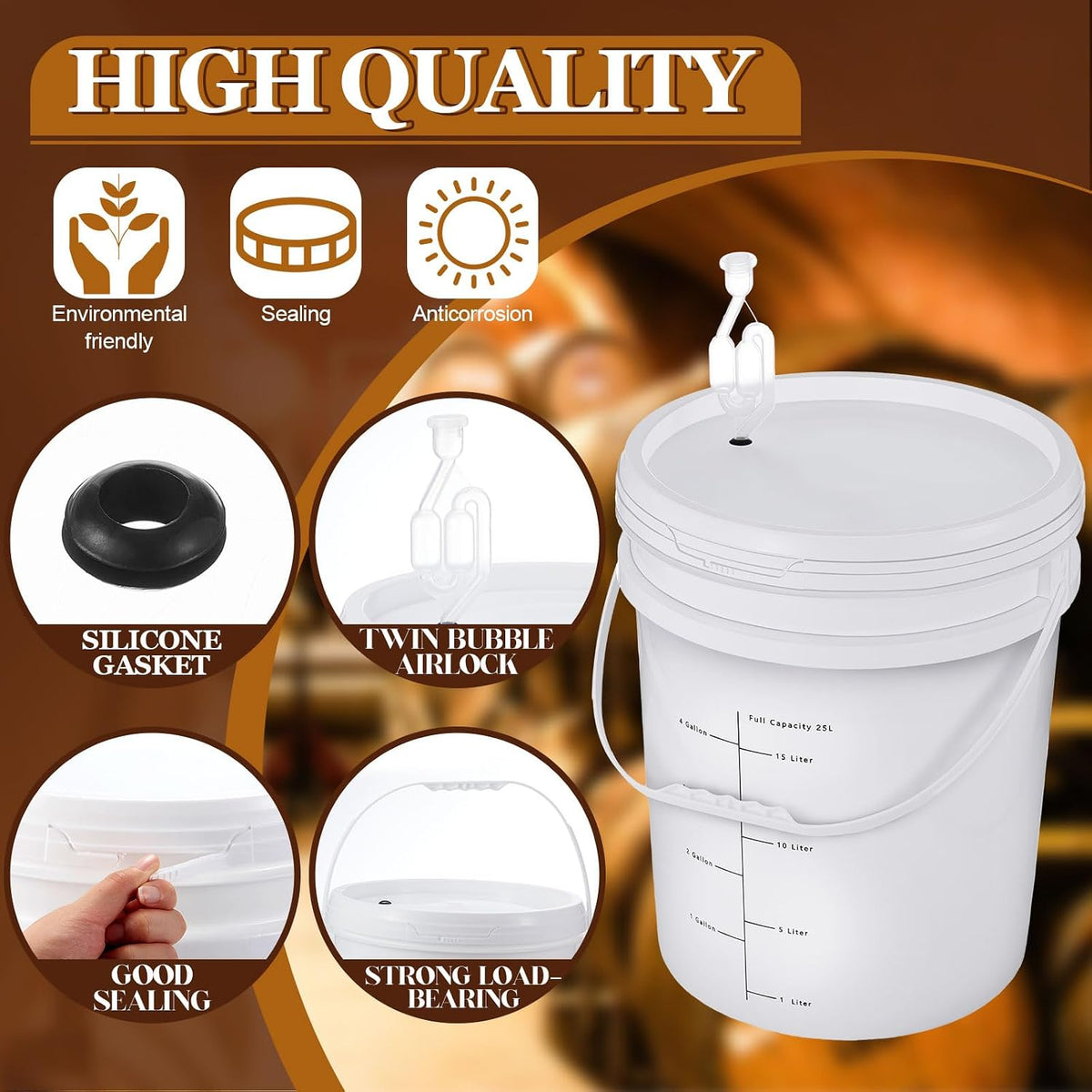 4 Pcs White 6.5 Gallon Fermentation Bucket with Twin Bubble Airlock Grommets Lid Brewing Wine Fermenter Fermentation