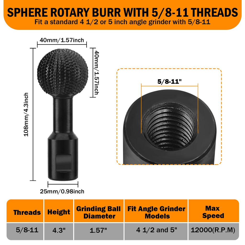 Firmoath Sphere Rotary Burr,Wood Carving Tools with 5/8-11 Threads