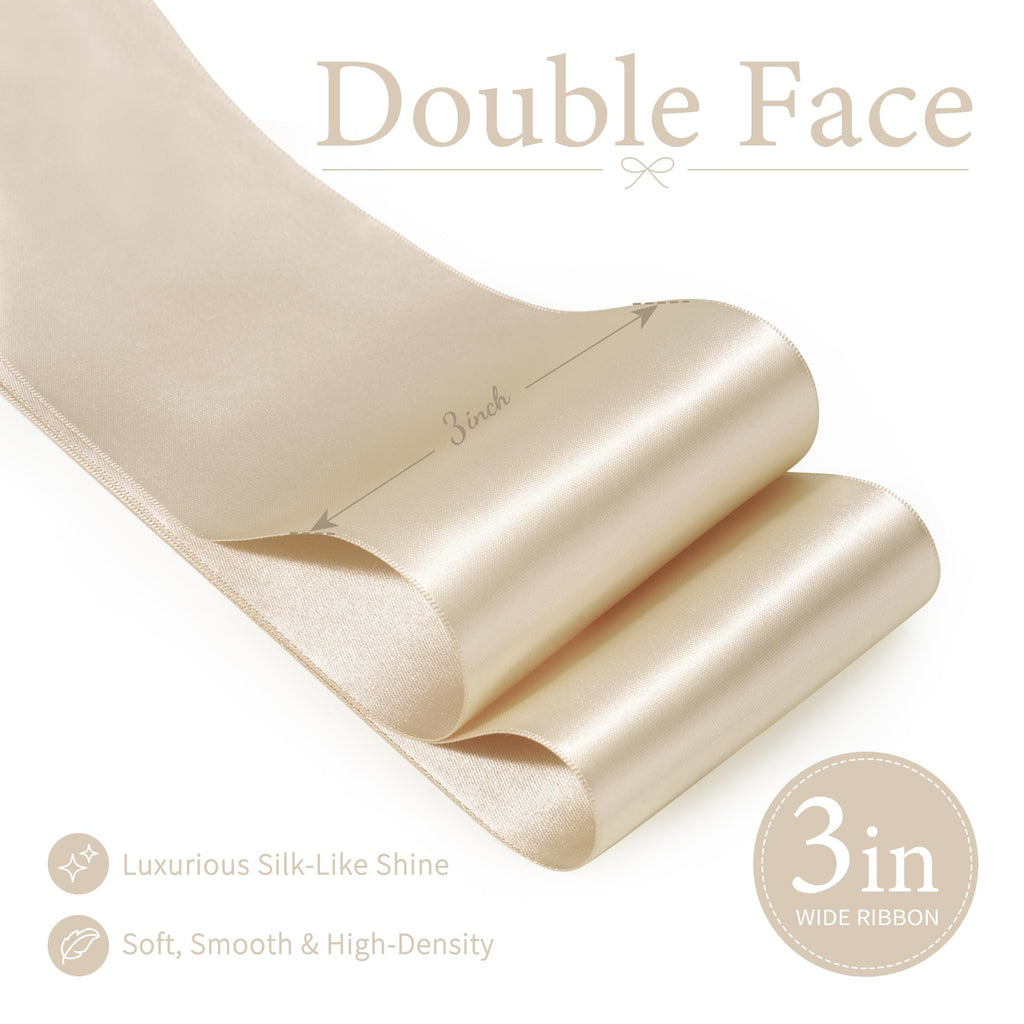 3 Inch Champagne Ribbon Double Face Continuous Satin Ribbon for Bows Gift Wrapping Flower Bouquet Chair Sashes