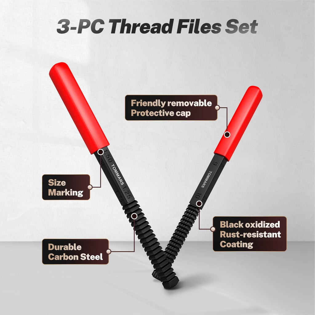 TOMMARS 3-Piece SAE and Metric Thread File Set for External Threads