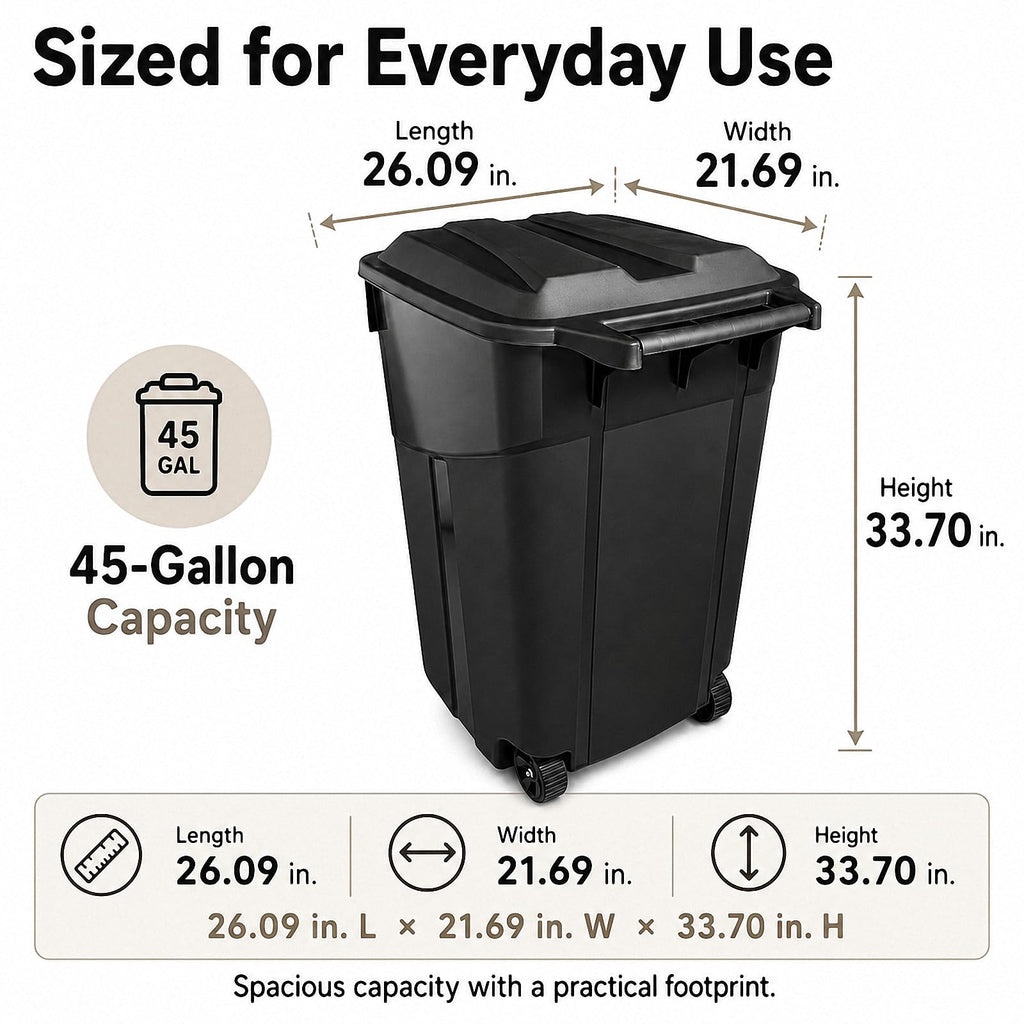 45 Gallon Outdoor Trash Can with Lid, Heavy-Duty Wheeled Garbage Bin