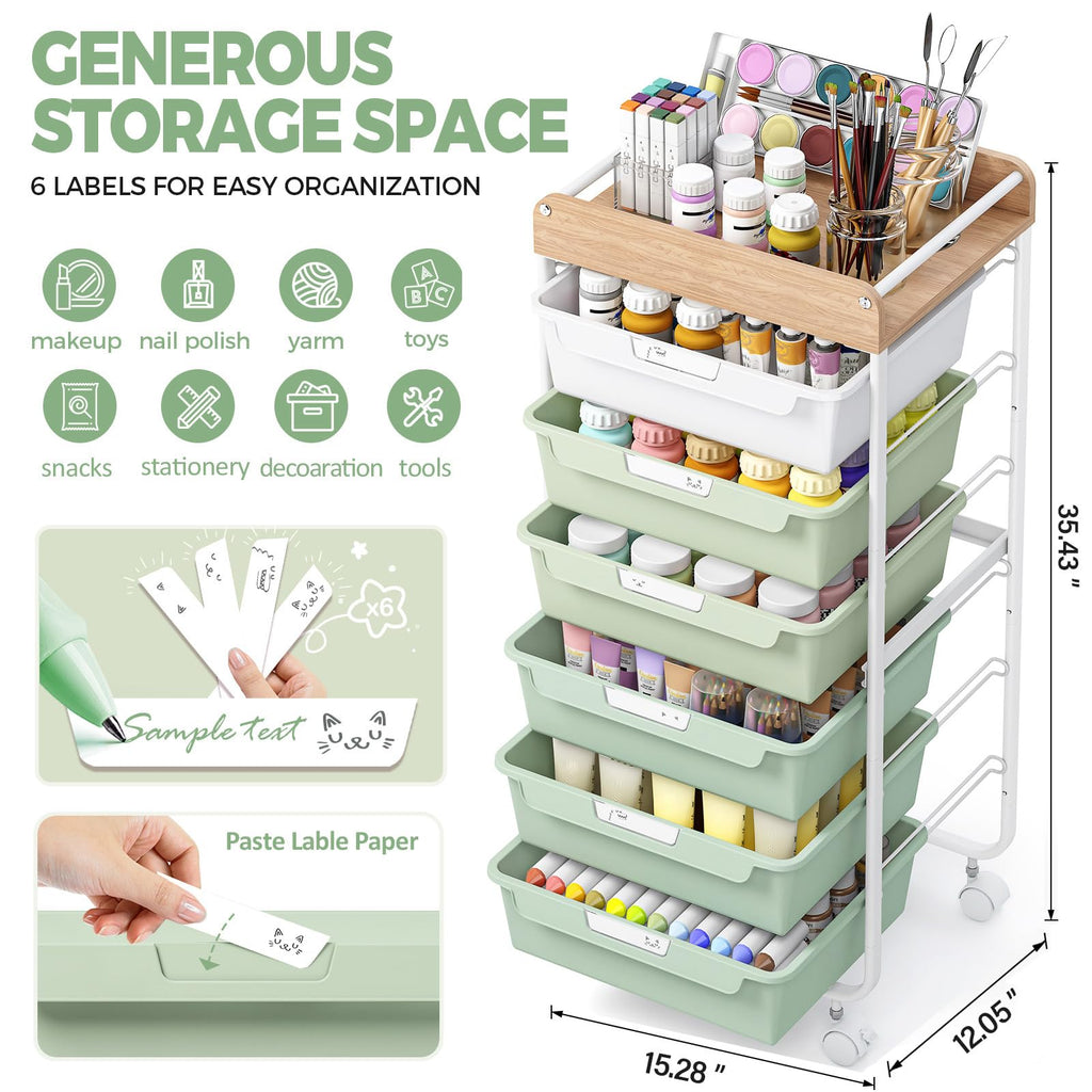 6 Drawer Rolling Cart for Craft Storage,Utility Drawer Cart,Green