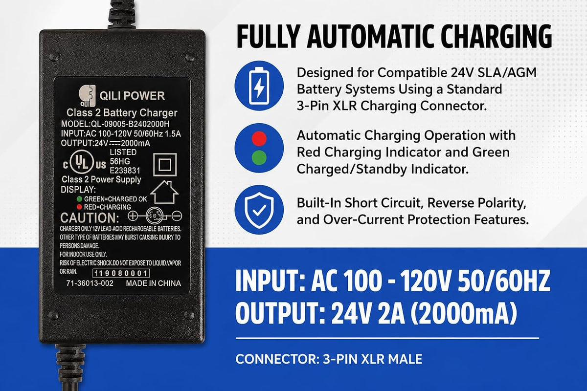 24V 2A Battery Charger for GoGo Mobility Scooter - 24V 2000mA Automatic SLA Scooter Charger (3-Pin XLR Connector) for Drive Medical, Go-Go Elite Traveller, Jazzy Power Chair, Pride Mobility, ShopRider
