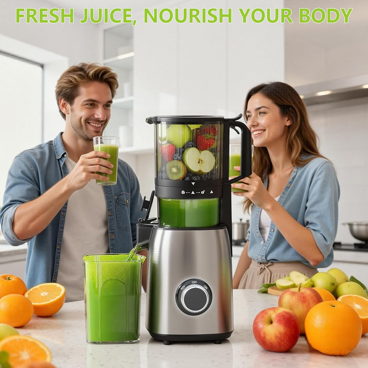 Cold Press Juicer Machines with 5.4" Extra-Large Feed Chute | 60RPM Slow Masticating Orange Juicer, 300W Electric