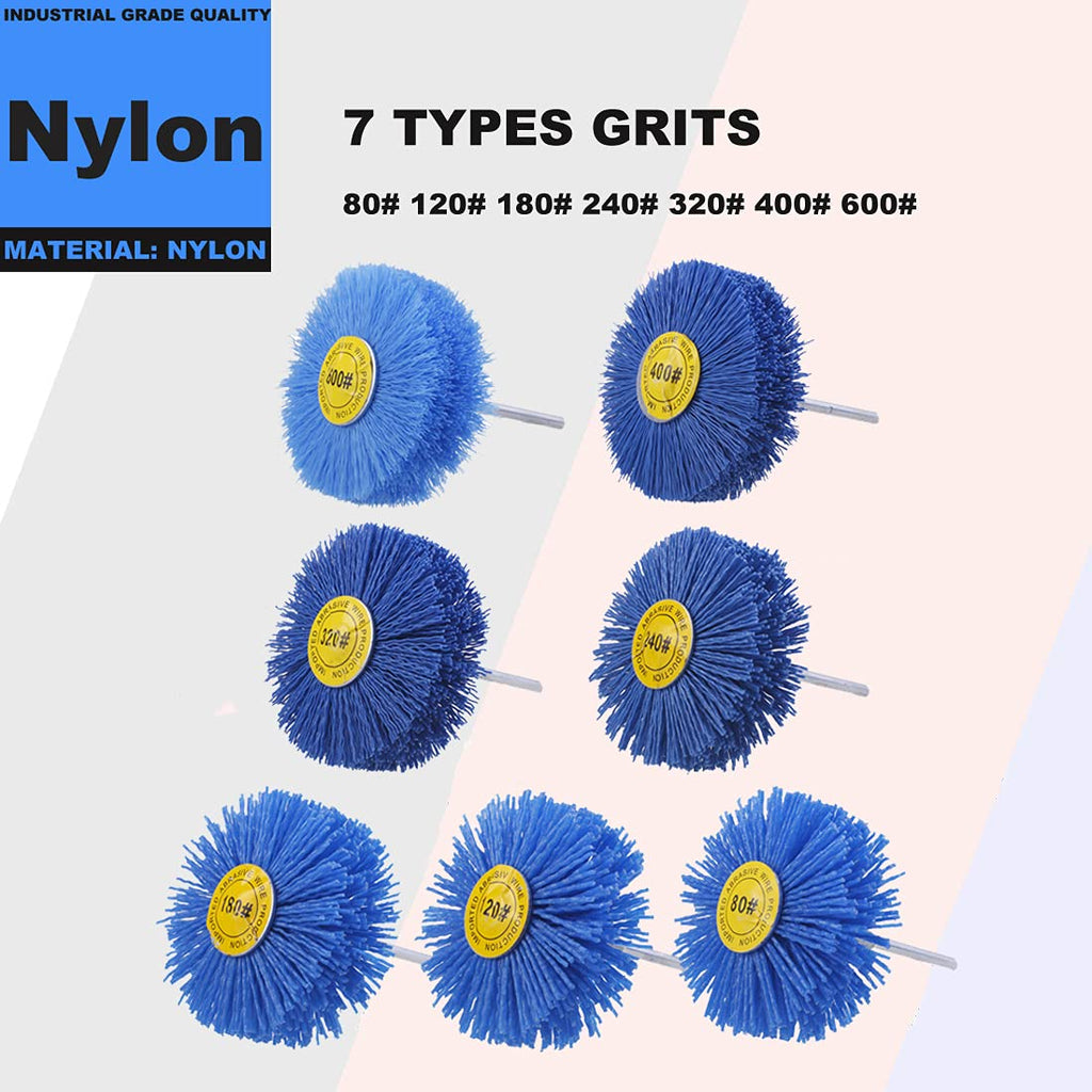 Mixiflor 7 Pack Abrasive Nylon Wheel Brush for Drill with 1/4" Shank, (80 120 180 240 320 400 600 ) Grits, Nylon Abrasive Wheel Perfect for Removal of Rust/Corrosion/Paint