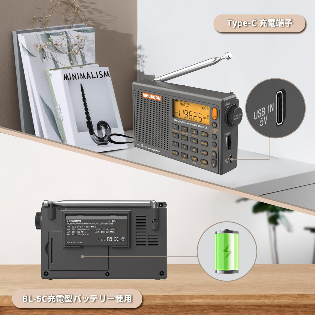 R108 Portable Radio AM/FM/SW/LW/Airband Shortwave Radio Receiver | Battery Operated Radio with Good Reception, Great