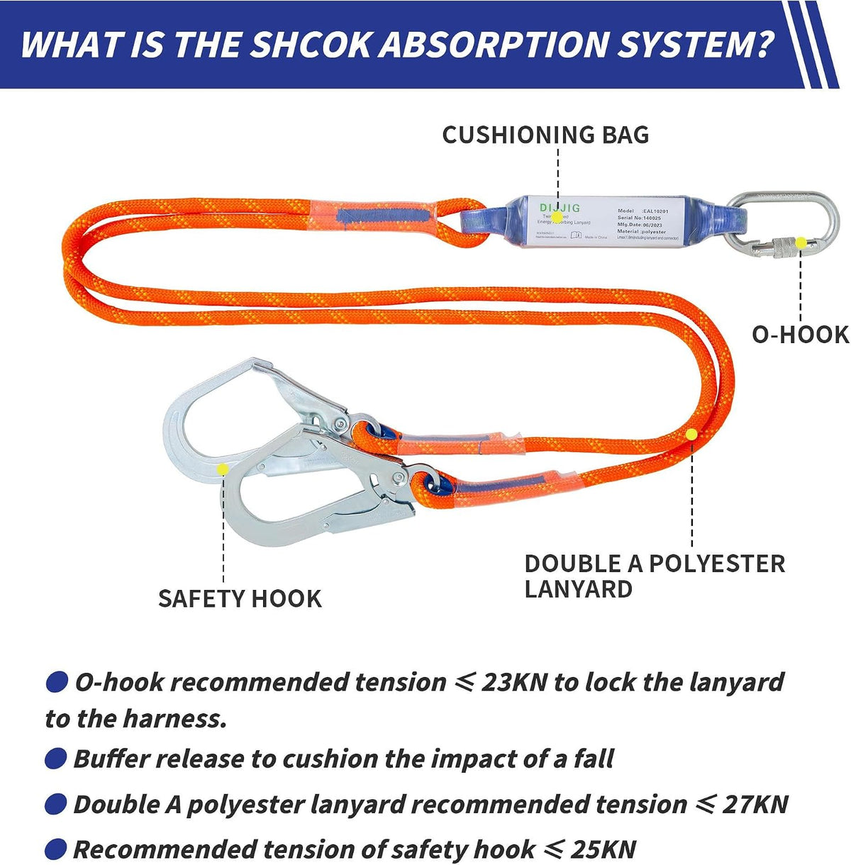 Full Body Safety Harness Kit OSHA/ANSI Compliant for Roofing | Includes internal shock-absorbing lanyard, orange
