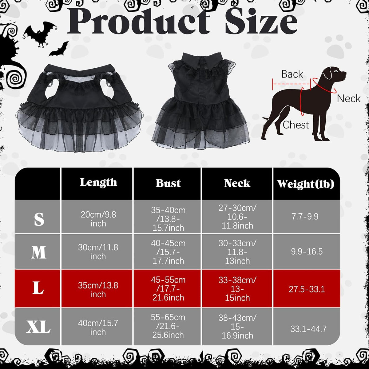 3 Pcs Halloween Dog Costume Gothic Dress with Wig Belt for Pets,L