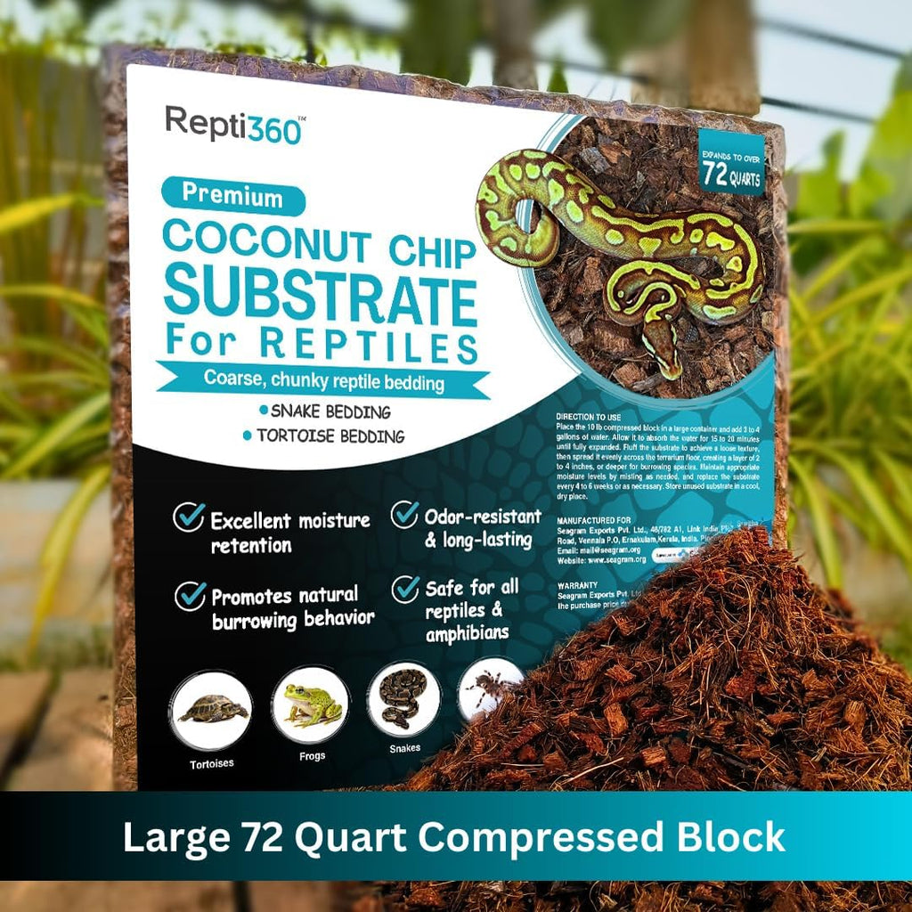 Premium Coconut Chip Substrate for Reptiles | 10 lb Compressed Block Expands up to 72 Quarts | Natural Bedding for