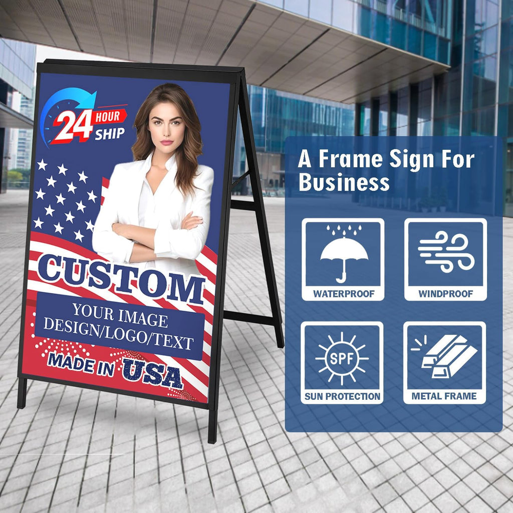 Custom A-Frame Sidewalk Sign 24" x 36" Frame & Printing – Single-Sided Design Your Own Logo, Image or Text | Heavy